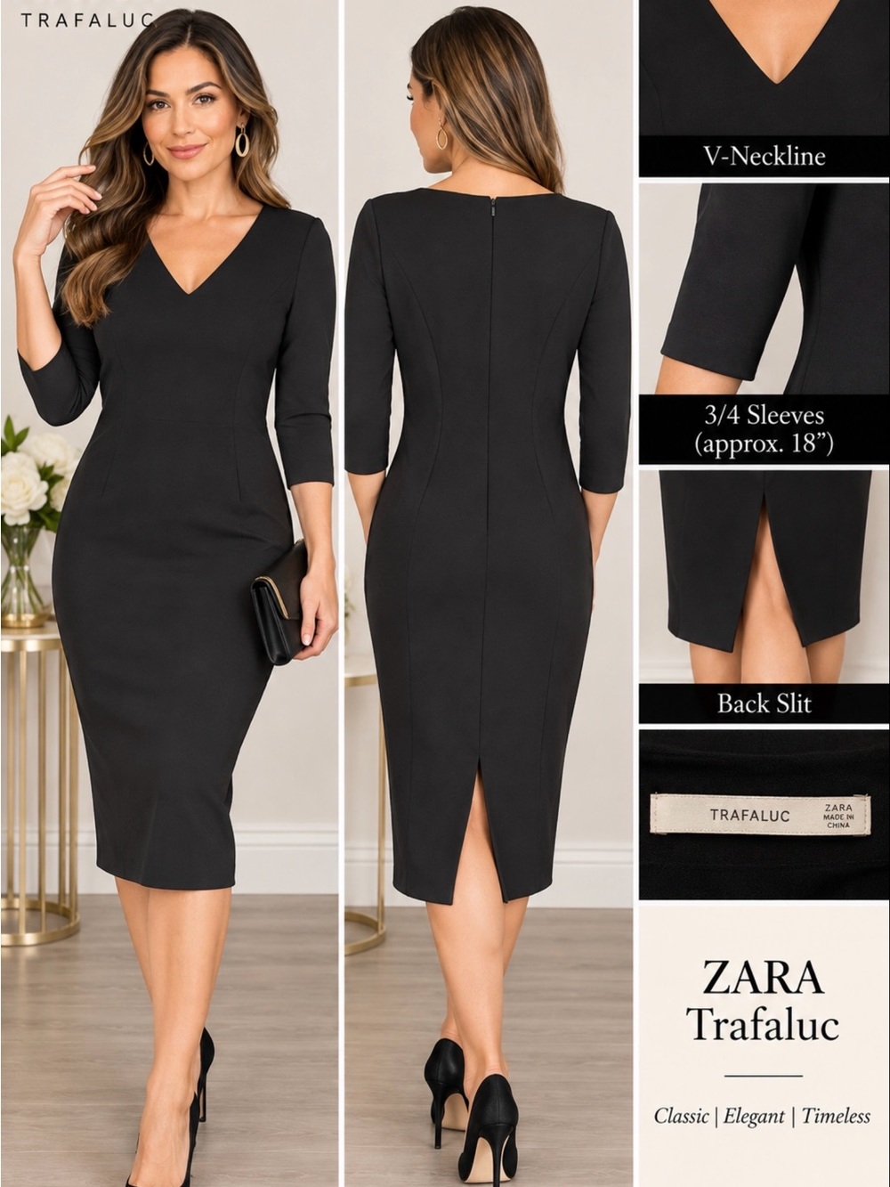 Zara Trafaluc Black V-Neck 3/4 Sleeve Fitted Midi Dress Size M